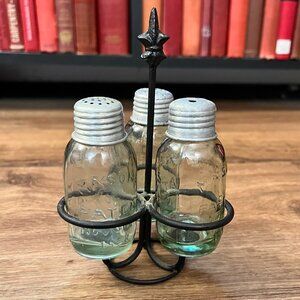 Vintage Mason Jar Salt, Pepper, Spice Holder with Iron Caddy